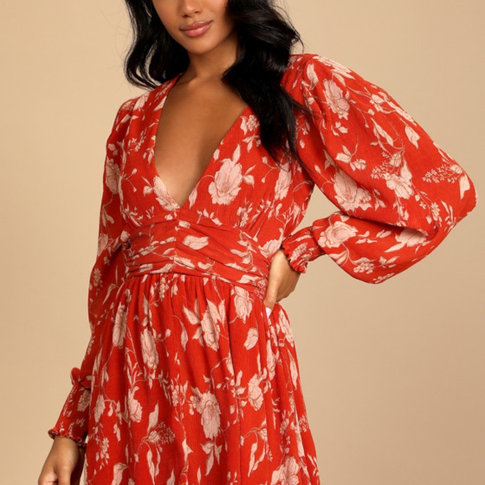 Lulus Autumn Dreams Rust Orange Floral Print Long Sleeve Mini Dress - Size M